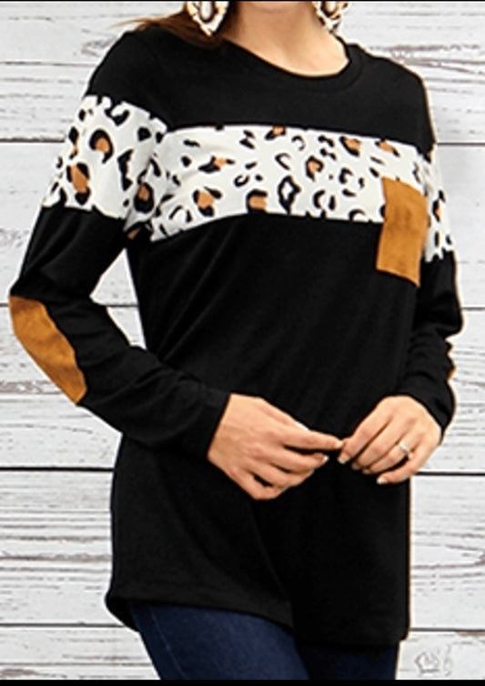 White Leopard Long Sleeve Top with Elbow Patches